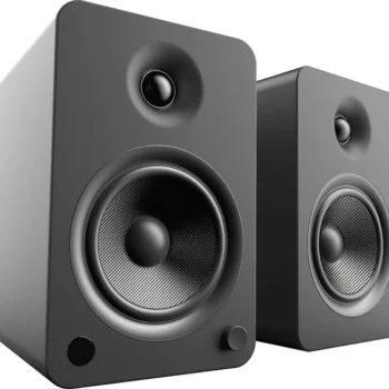 Kanto YU6 Matte Black powered speakers offer 100W RMS power, Bluetooth 4.0 with aptX, and a built-in phono preamp. Perfect for turntables and high-res audio streaming in Nairobi, Kenya 2025.", "brand"